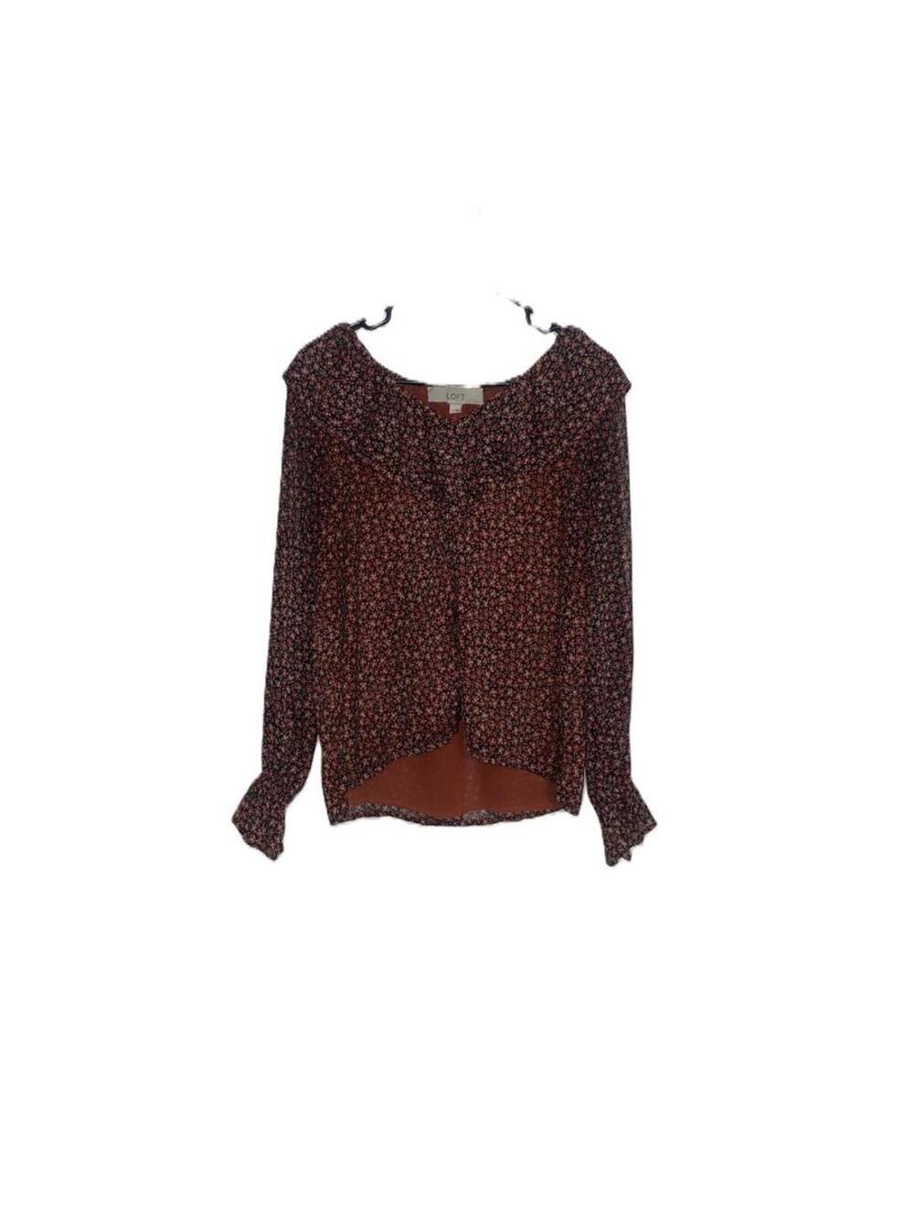 LOFT Floral Long Sleeve Blouse Black Pink Romantic Boho Top Small Size